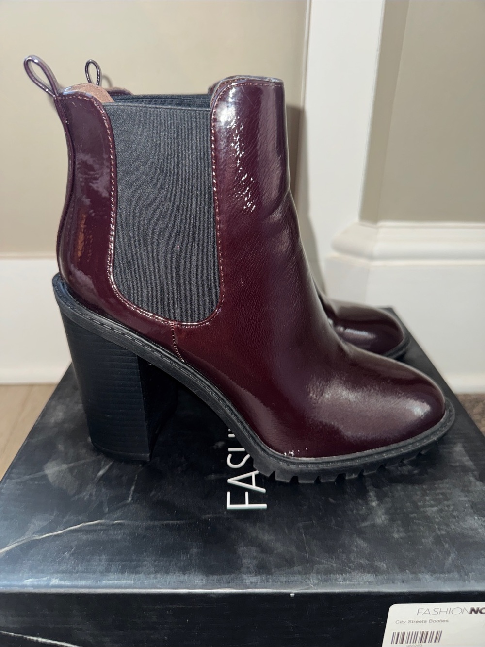 Fashion Nova Patent Burgundy Chelsea Block Heel Booties